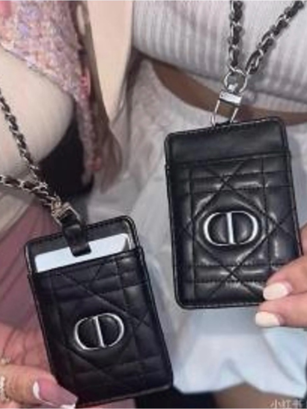 Dior Black Quilted Leather mirror Card Holder with Chain Strap GWP no box